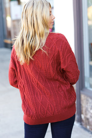 Rust Cable Knit Lace Up V Neck Sweater Haptics 