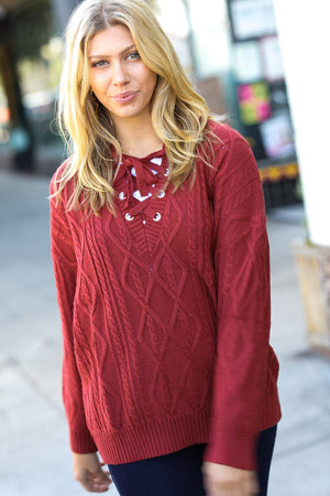 Rust Cable Knit Lace Up V Neck Sweater Haptics 