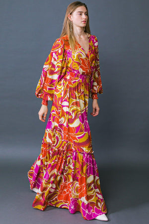 Long Sleeve Printed Woven Maxi Dress