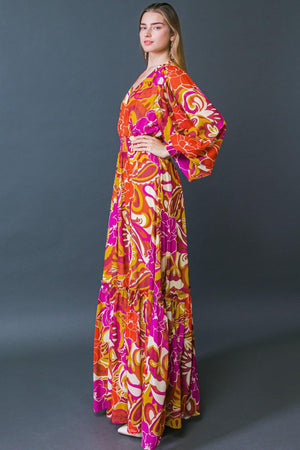 Long Sleeve Printed Woven Maxi Dress