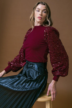 Sequin Puff Sleeve Sweater - Green or Burgundy