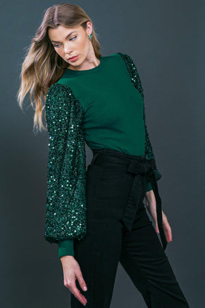 Sequin Puff Sleeve Sweater - Green or Burgundy