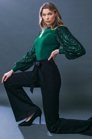 Sequin Puff Sleeve Sweater - Green or Burgundy