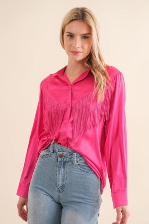 Satin Shirt Blouse with Chevron Fringe Blue B Hot Pink S 