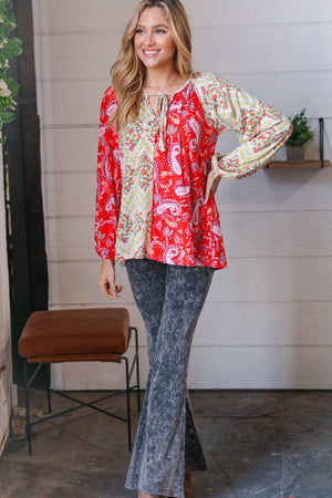Scarlet Paisley and Floral Chevron Bubble Sleeve Top Haptics 