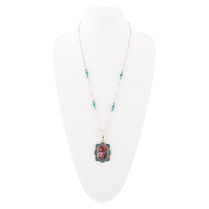 Scenic Red Florals Blue Apatite Golden Pendant Necklace