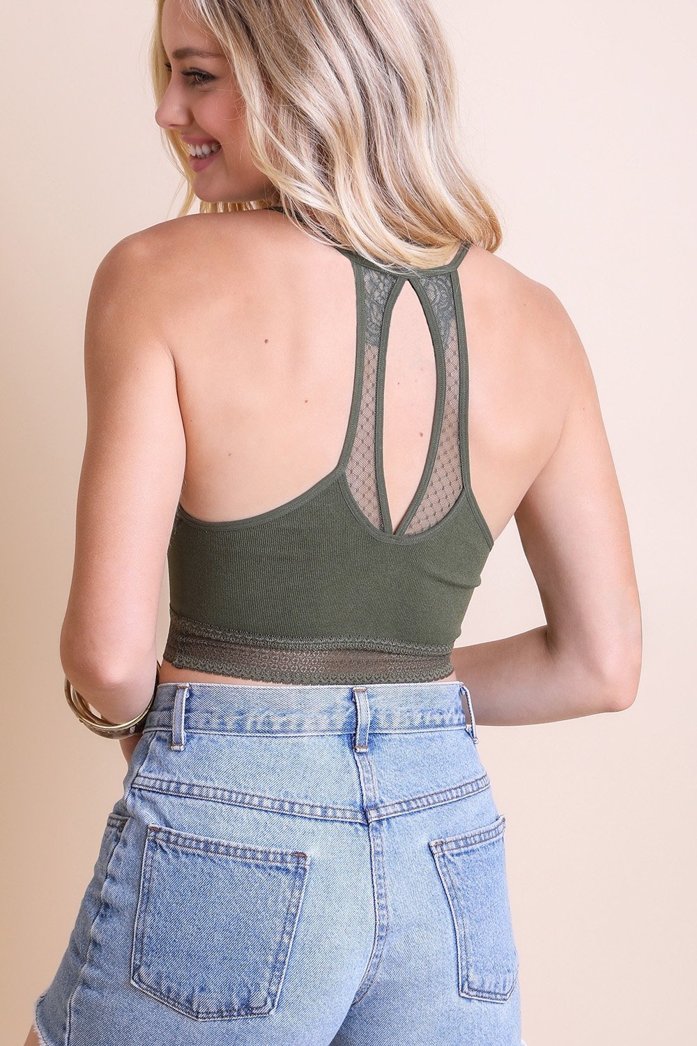 Seamless Polkadot Lace Trim Bralette Small / Olive