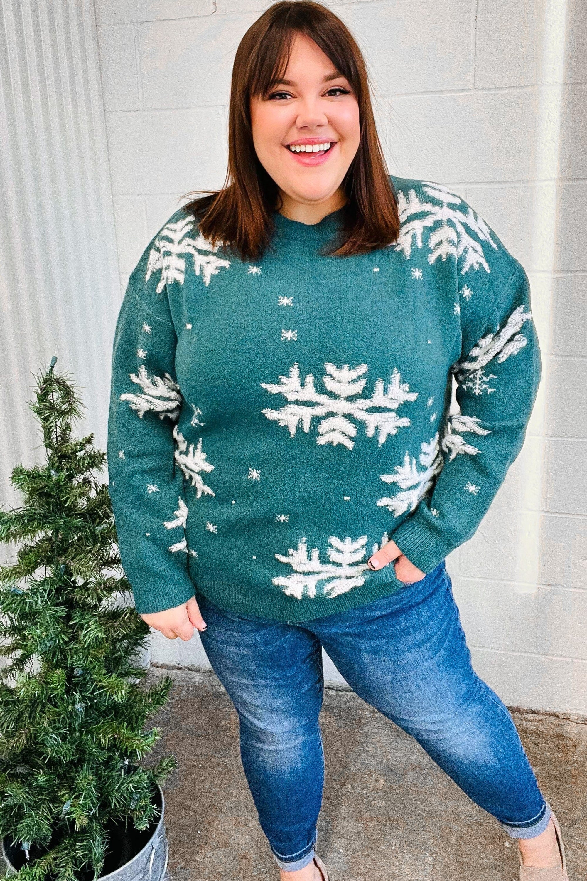 Season Greetings Hunter Green Puffy Snowflake Jacquard Sweater Bloom 2023 Winter Sale 