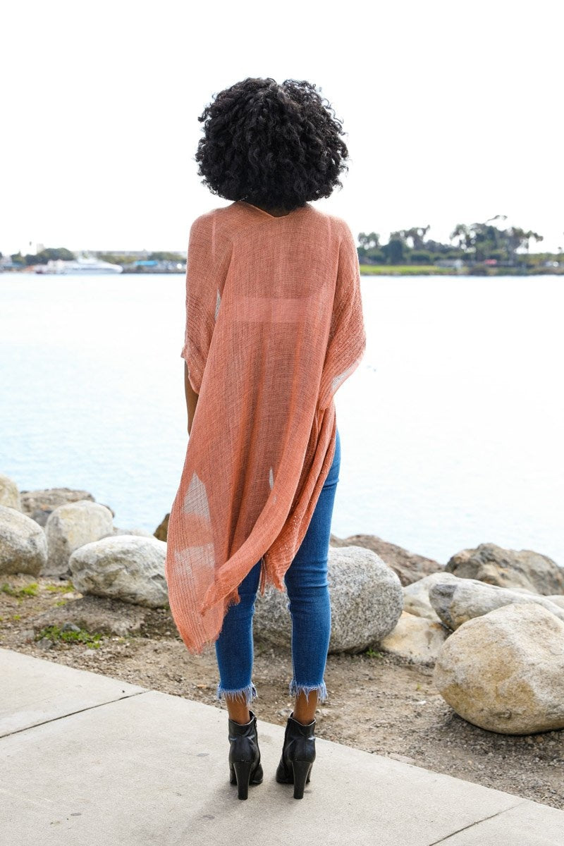 Sequin Border Frayed Kimono Copper