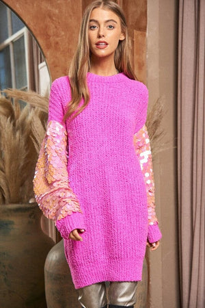 Sequin Sleeve Sweater Knit Tunic Top Davi & Dani Pink S 