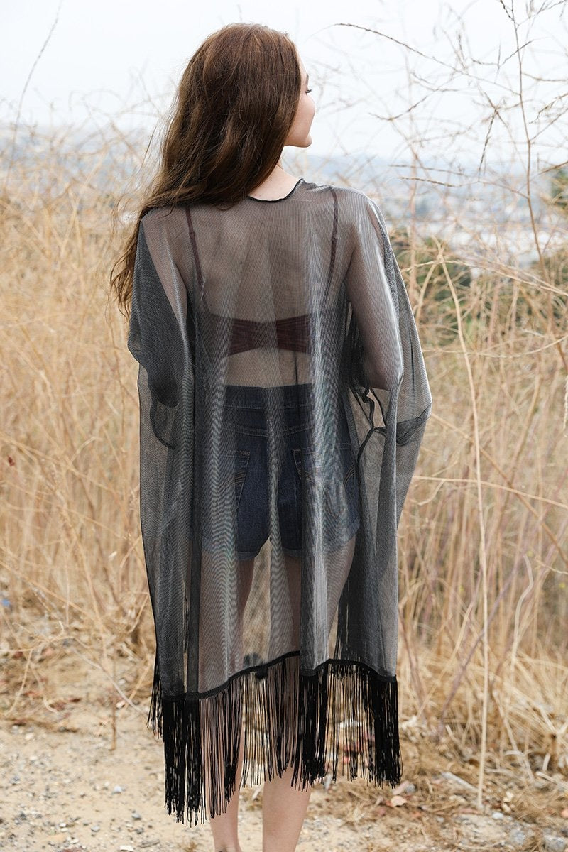 Sheer Metallic Tassel Kimono Ponchos Black/Silver