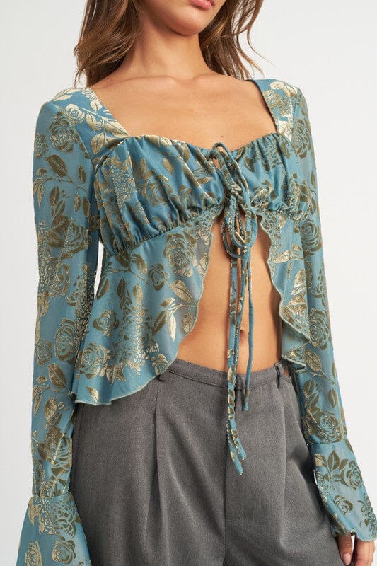 SHIRRRING TIE TOP WITH LONG SLEEVE Emory Park SAGE TEAL S 