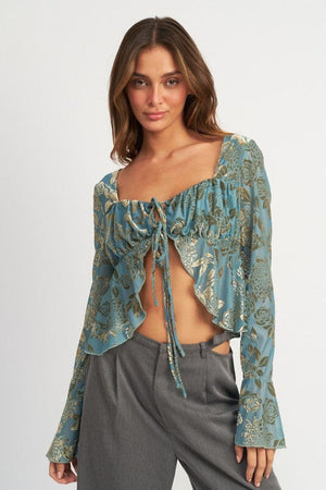 SHIRRRING TIE TOP WITH LONG SLEEVE Emory Park SAGE TEAL S 