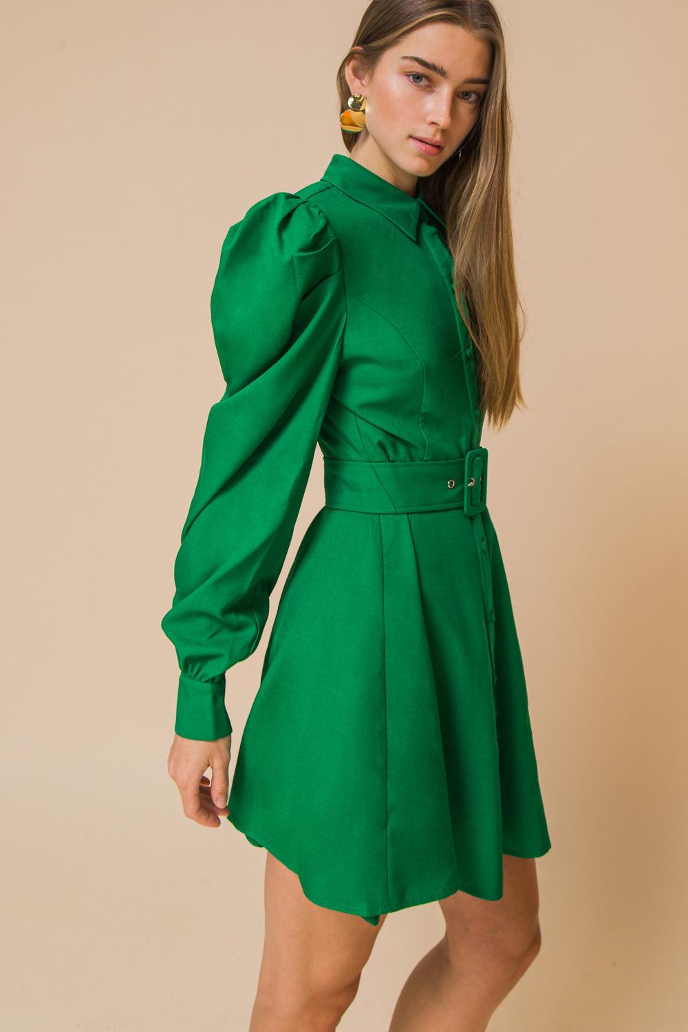 Long Puff Sleeve Button Down A-Line Mini Dress - Burgundy or Green