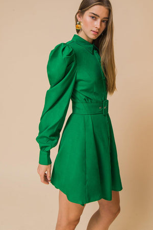 Long Puff Sleeve Button Down A-Line Mini Dress - Burgundy or Green