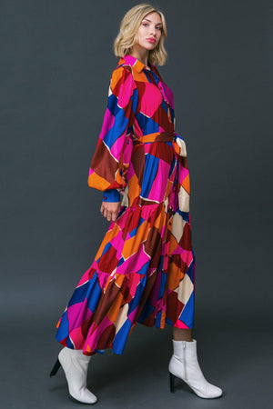 Long Sleeve Printed Woven Midi Dress - Fuchsia/Blue