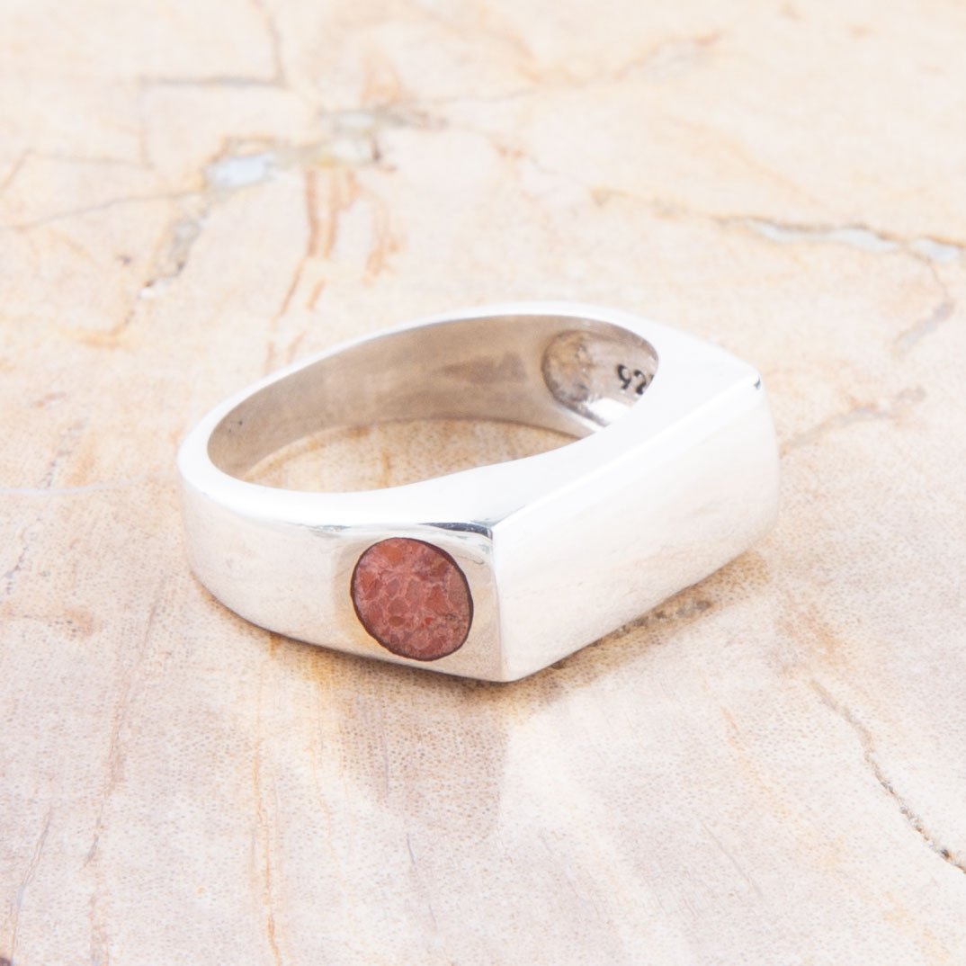 Signet Orange Sponge Coral and Sterling Silver In The Hole Ring