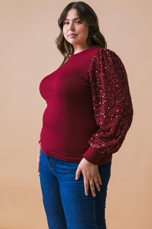Sequin Puff Sleeve Sweater - Green or Burgundy