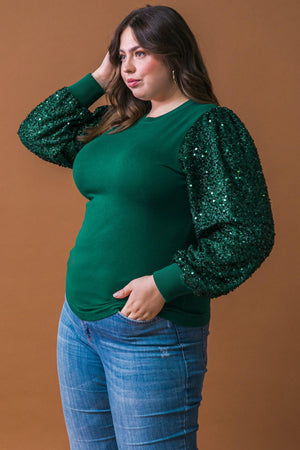 Sequin Puff Sleeve Sweater - Green or Burgundy