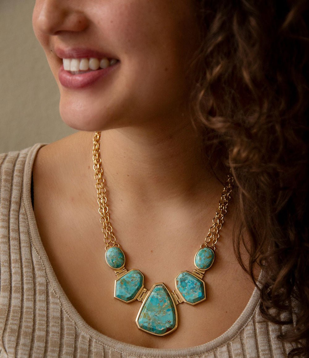 Slabs of Blue Turquoise Golden Statement Necklace