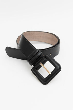 Sleek Square-Buckle Genuine Leather Belt Belts Leto Collection Black 