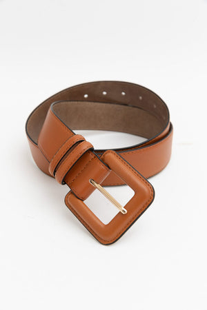 Sleek Square-Buckle Genuine Leather Belt Belts Leto Collection Cognac 