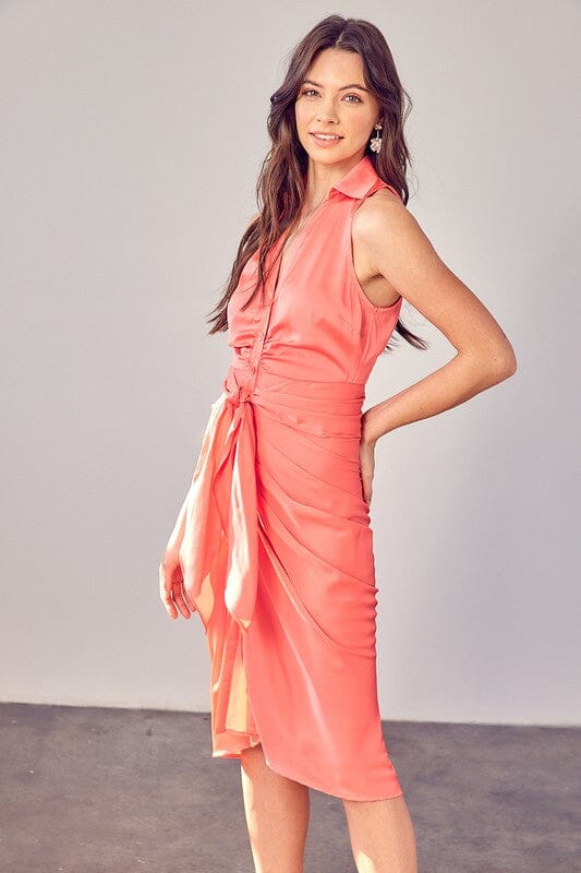 SLEEVELESS COLLAR FRONT TIE DRESS Do + Be Collection CORAL PEACH S 