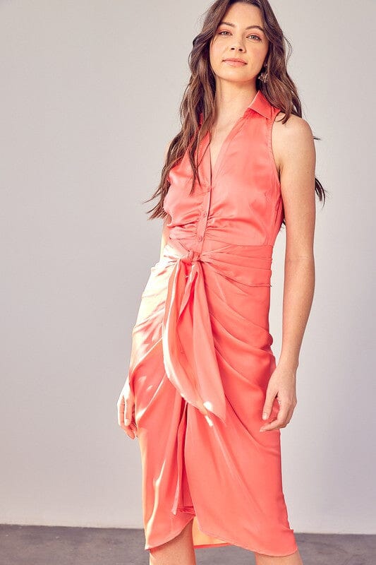 SLEEVELESS COLLAR FRONT TIE DRESS Do + Be Collection CORAL PEACH S 