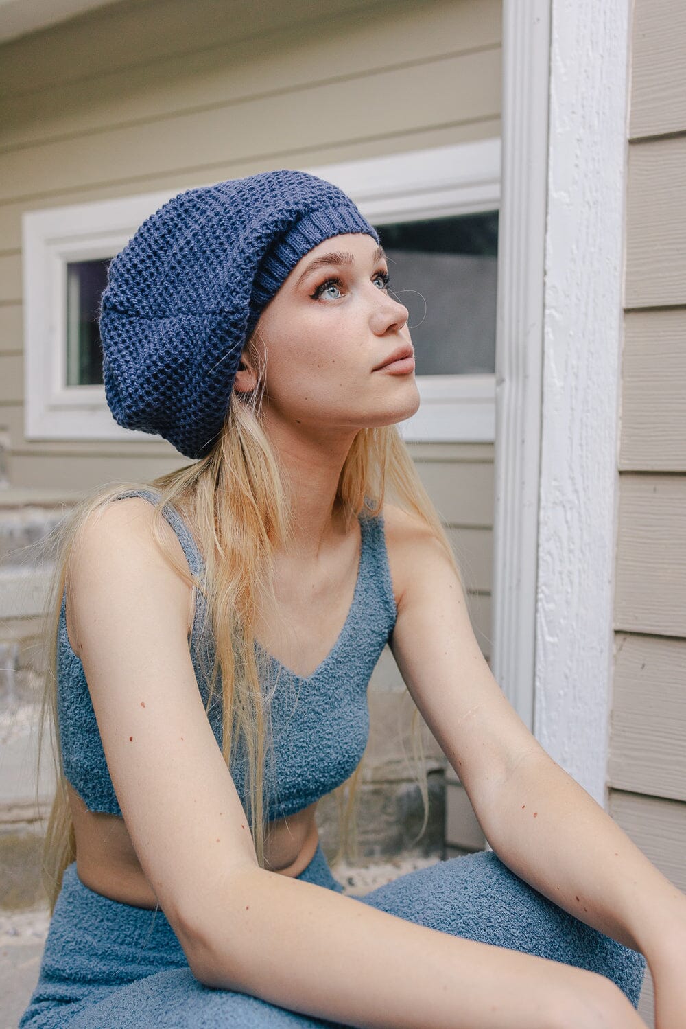 Slouch Waffle Knit Beanie Beanies Leto Collection Blue 