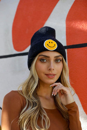 Smiley Face Ribbed Beanie Beanies Black