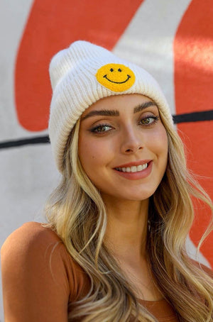 Smiley Face Ribbed Beanie Beanies Ivory