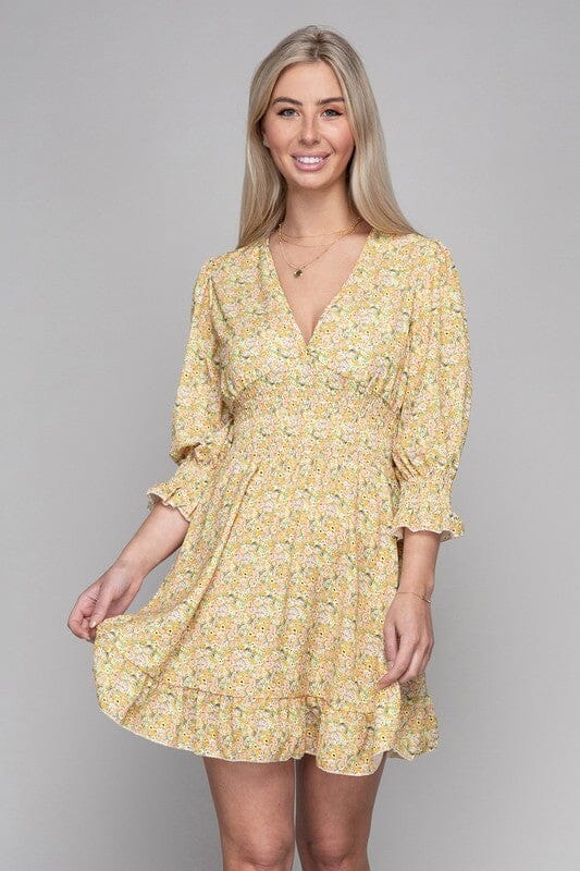 Smocked floral dress Nuvi Apparel Yellow Floral S 