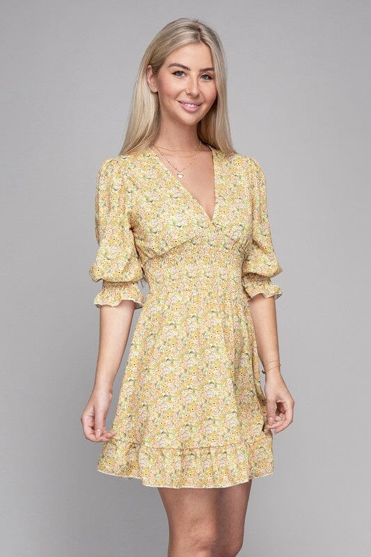 Smocked floral dress Nuvi Apparel Yellow Floral S 