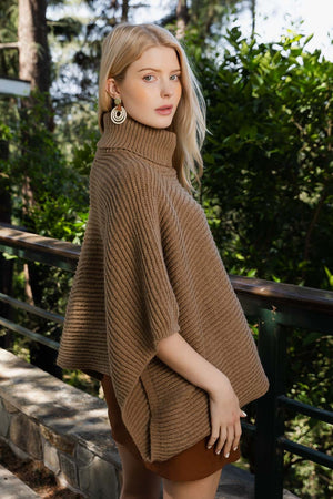 SnugStyle Turtleneck Ribbed Knit Poncho with Armholes Ponchos Leto Collection One Size Mocha 