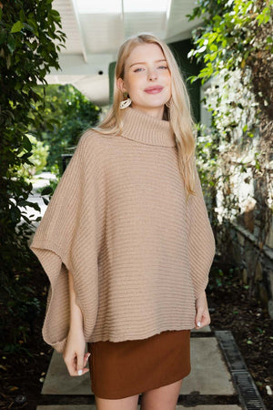 SnugStyle Turtleneck Ribbed Knit Poncho with Armholes Ponchos Leto Collection One Size Oatmeal 