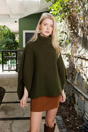 SnugStyle Turtleneck Ribbed Knit Poncho with Armholes Ponchos Leto Collection One Size Olive 