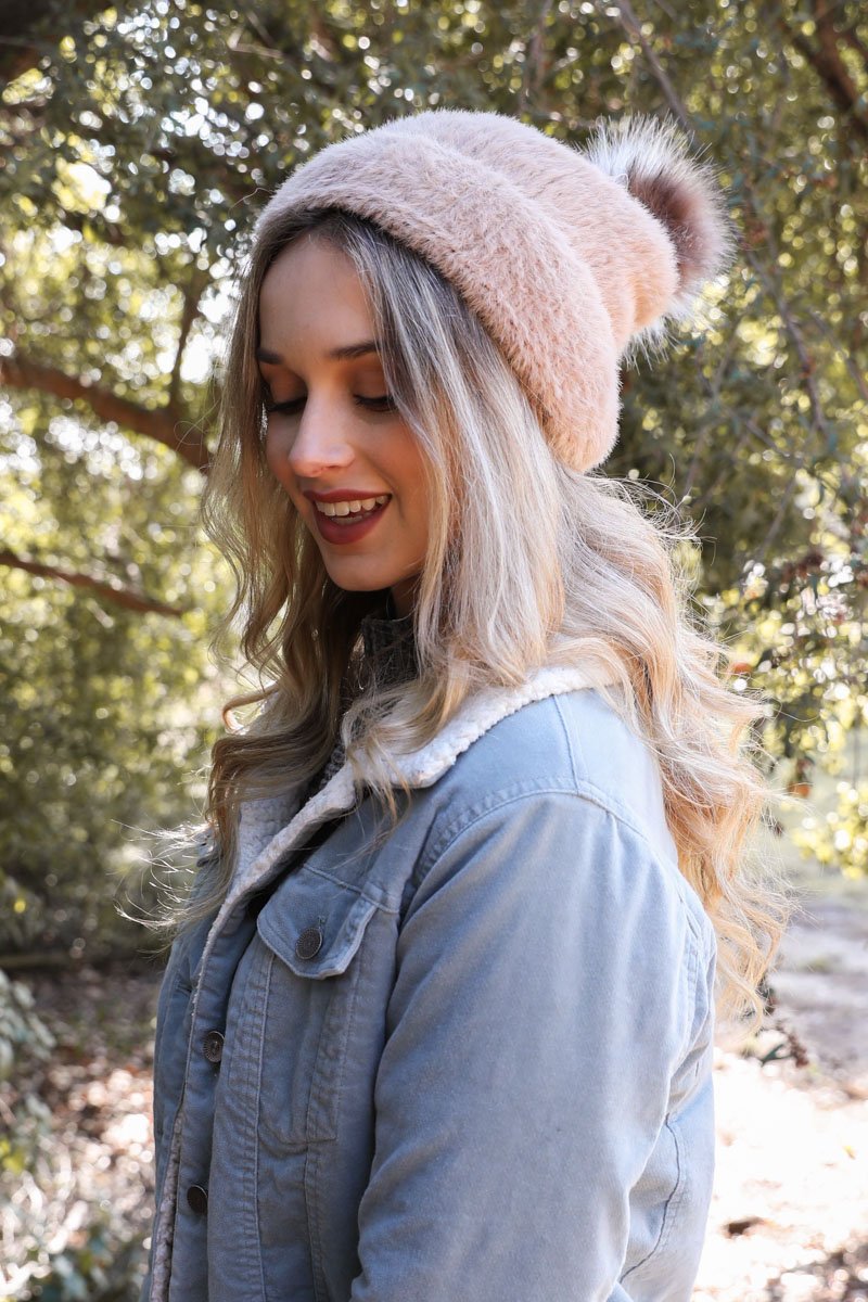 Soft Mohair Pom Beanie Hats & Hair Gray
