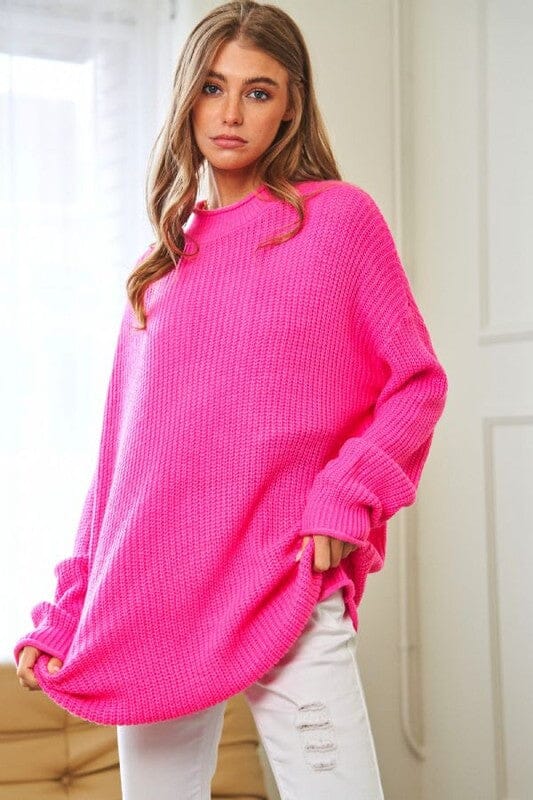 Solid Mock Neck Long Sleeve Knit Sweater Davi & Dani Pink S 