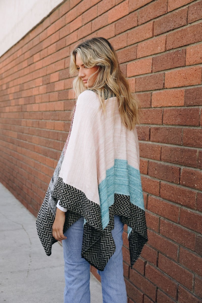 Space Knit Colorblock Ruana Ponchos Red