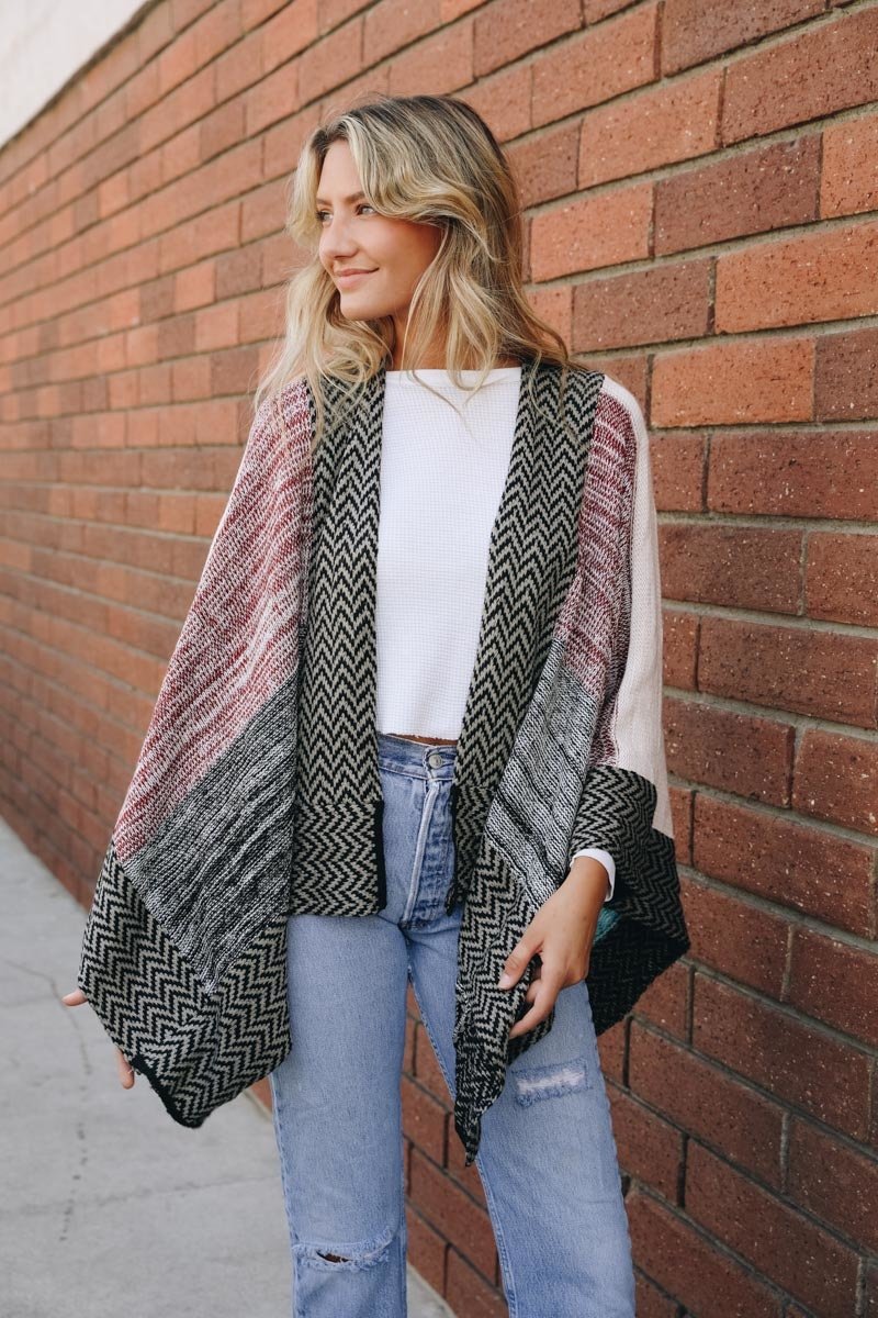 Space Knit Colorblock Ruana Ponchos Red