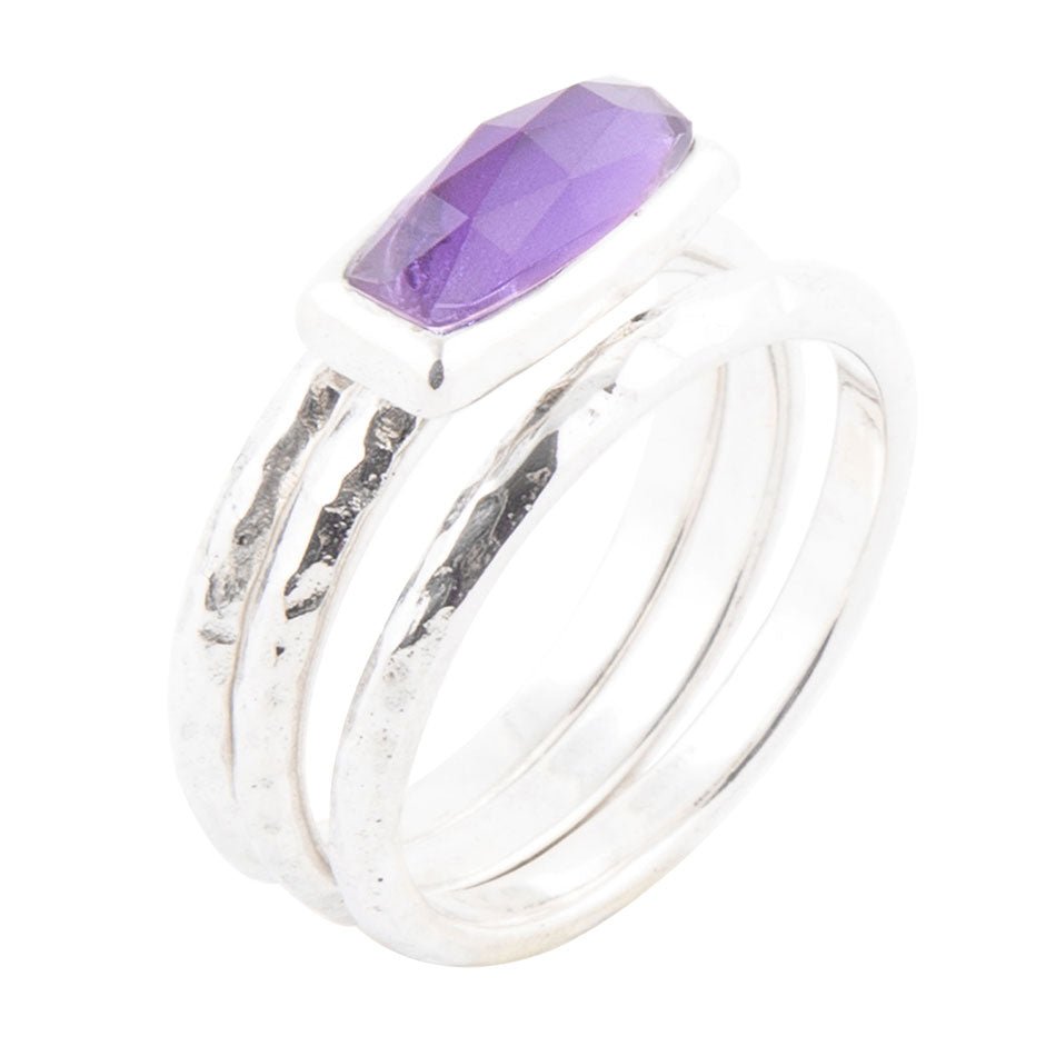 Stacking Hammered Purple Amethyst and Sterling Silver Ring Set