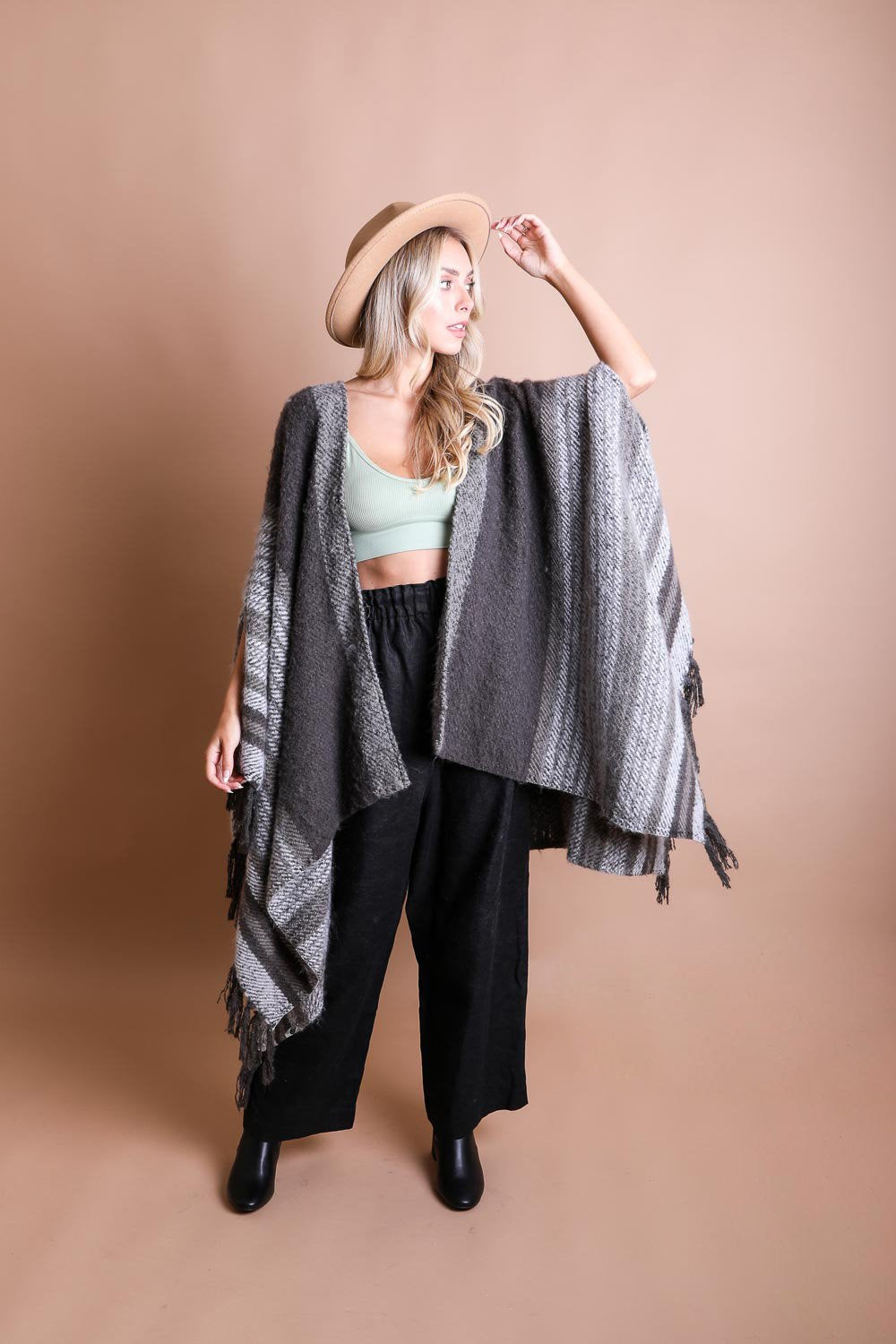 Stripe Bohemian Ruana Wrap Ponchos Charcoal