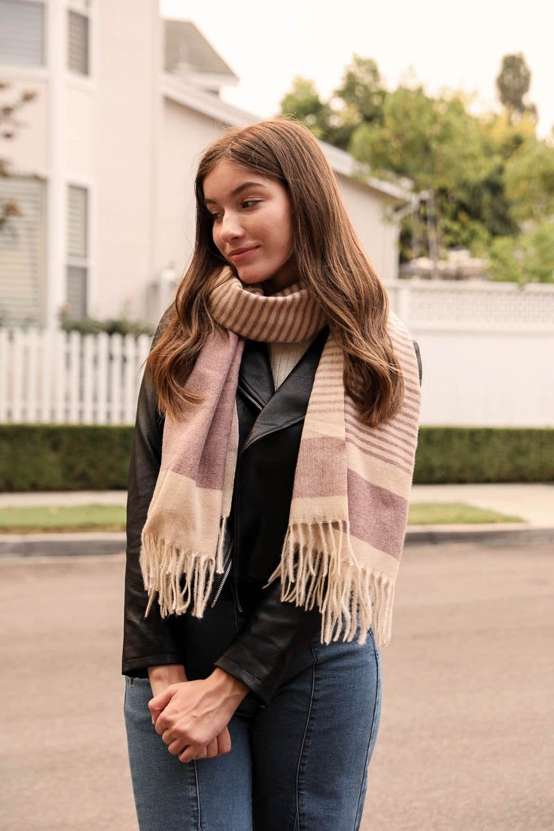 Striped Woven Tassel Scarf Scarves Mauve/Rose