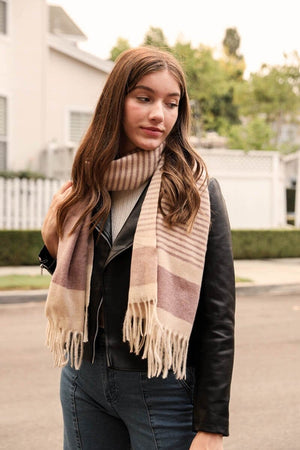 Striped Woven Tassel Scarf Scarves Leto Collection Mauve/Rose 