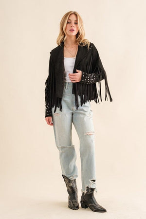 Studded Fringe Open Western Jacket Blue B 