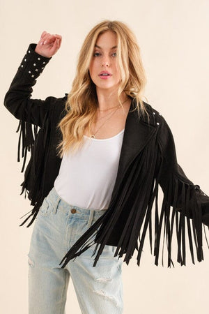 Studded Fringe Open Western Jacket Blue B 