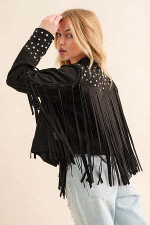 Studded Fringe Open Western Jacket Blue B Black S 