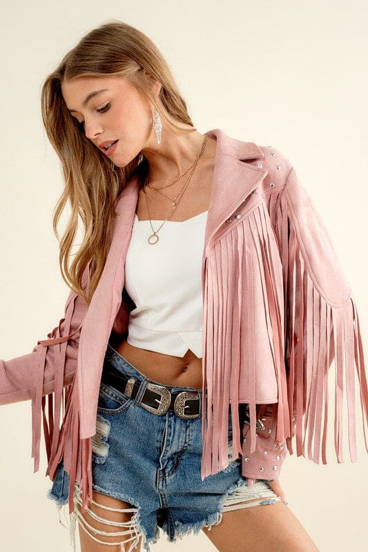 Studded Fringe Open Western Jacket Blue B Blush S 