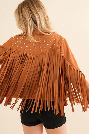 Studded Fringe Open Western Jacket Blue B Camel S 