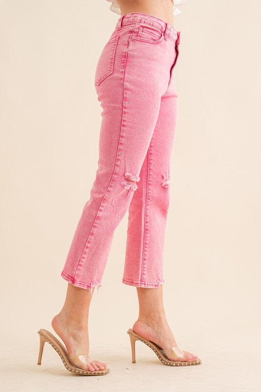 Studded Rhinestone Distressed Denim Jeans Blue B Pink S 